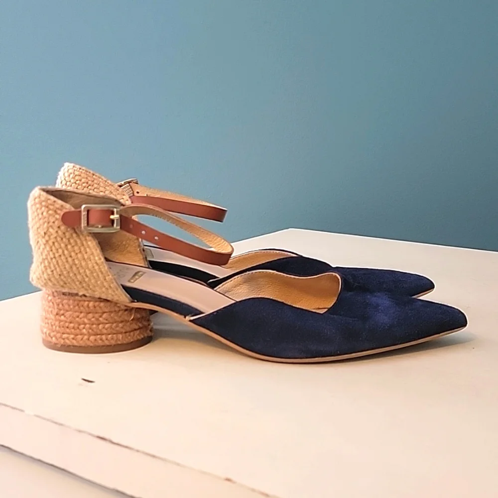 KANNA Jini‎ Raffia Trimmed Navy Suede Heels Eur 37, US 6.5-7